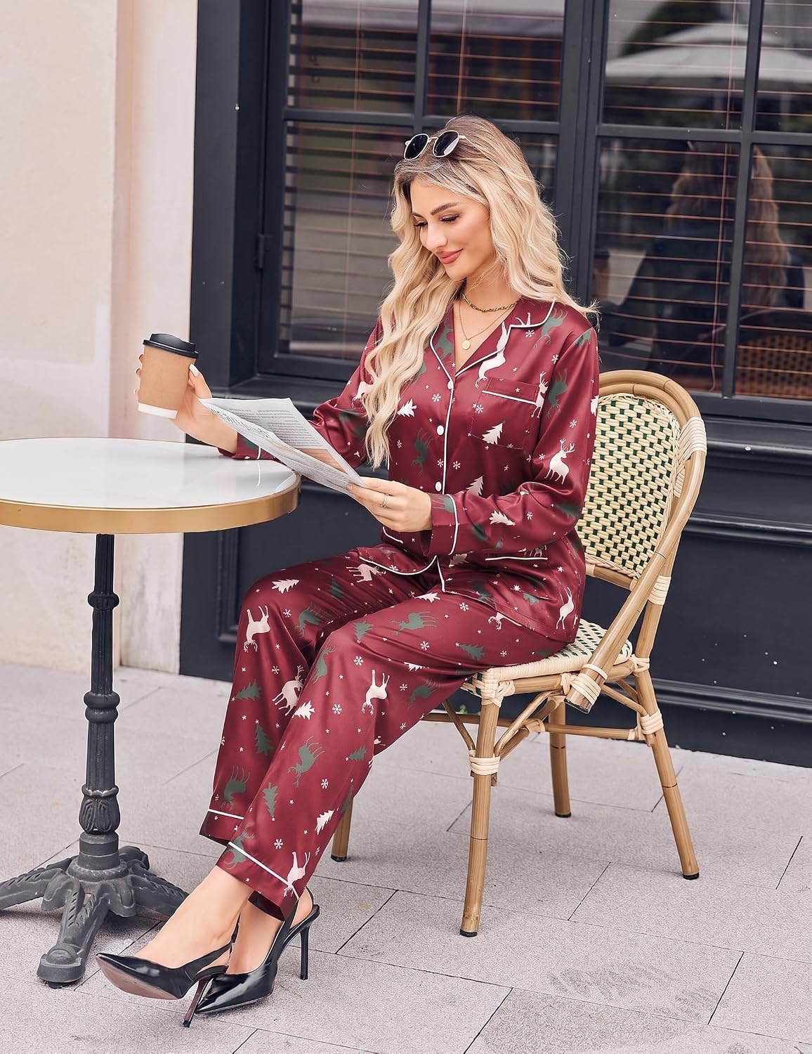 image:imageEkouaer Satin Pajamas for Women Silk Long Sleeve Button Down Soft PjsChristmas Red Pattern