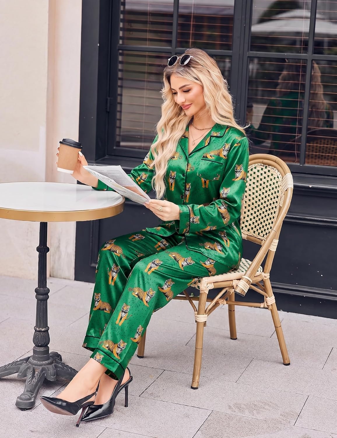 image:imageEkouaer Satin Pajamas for Women Silk Long Sleeve Button Down Soft PjsGreen Pattern