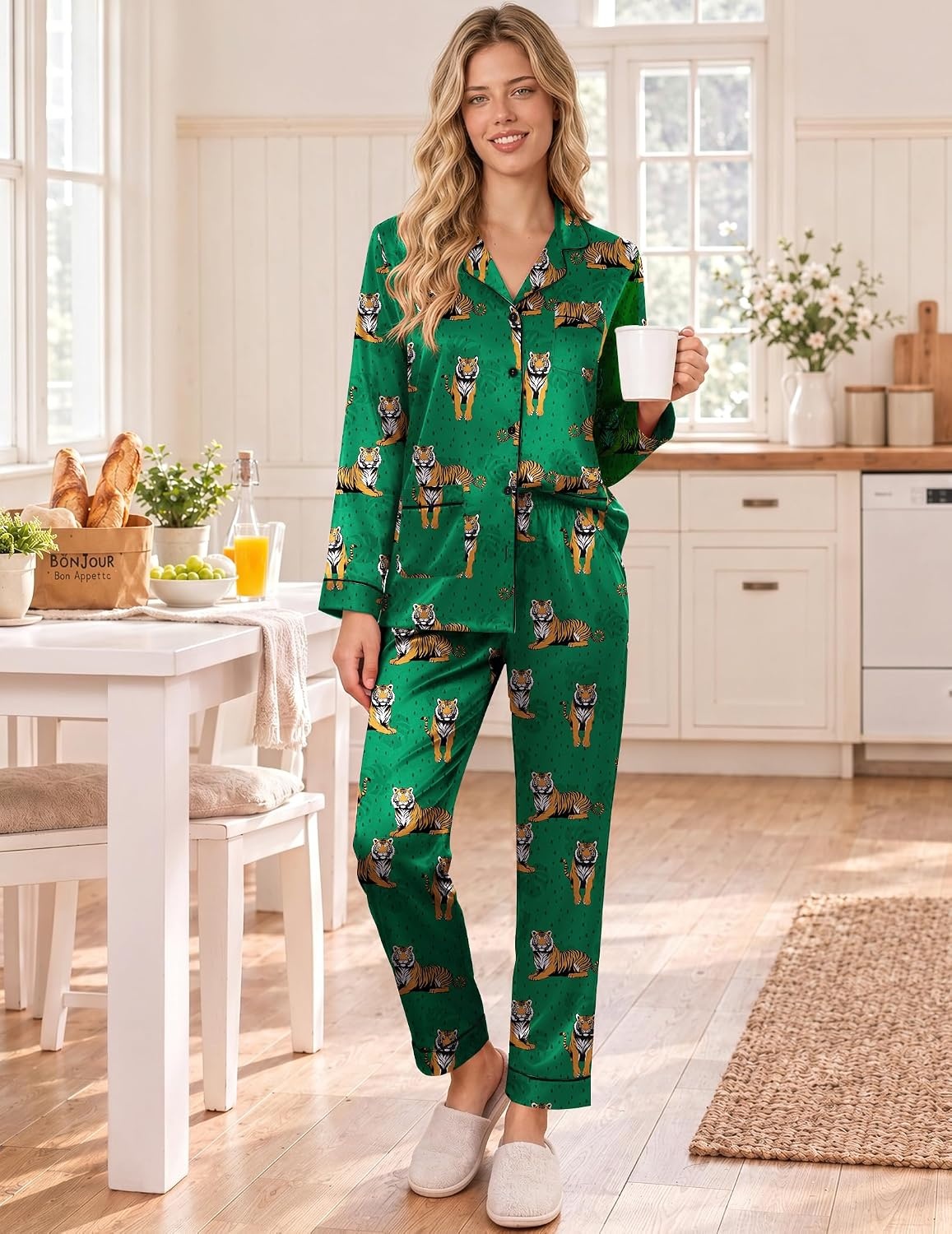 image:imageEkouaer Satin Pajamas for Women Silk Long Sleeve Button Down Soft PjsGreen Pattern
