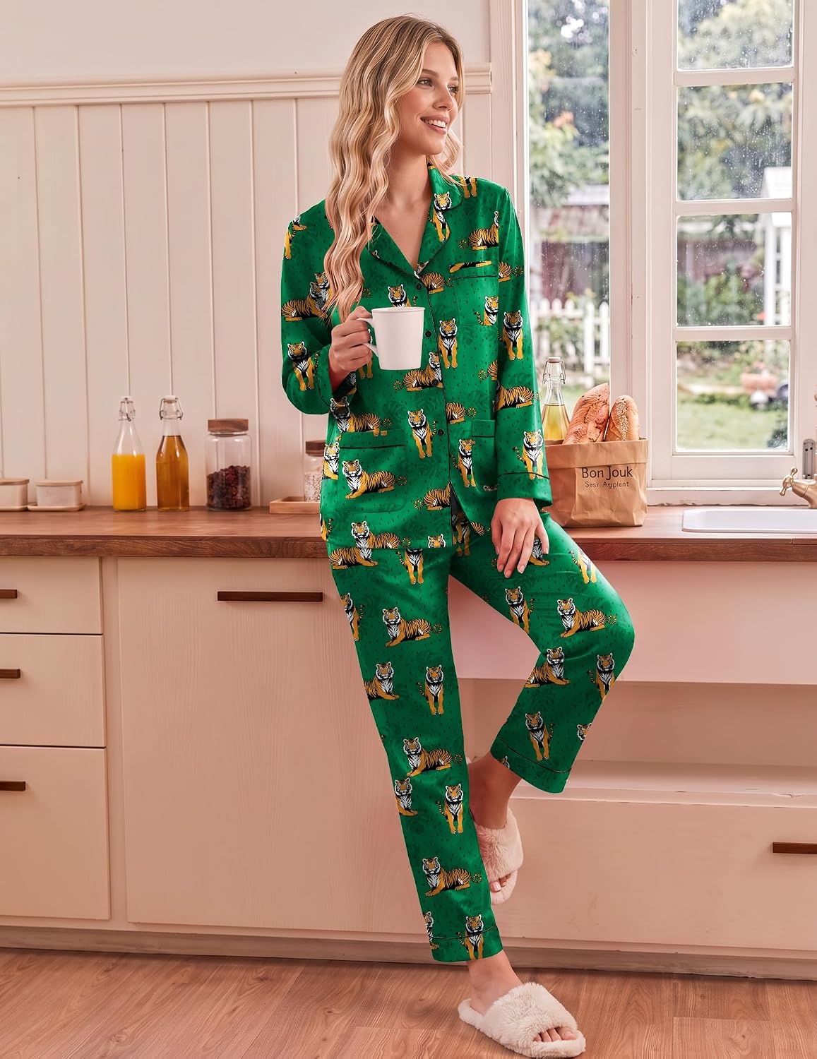 image:imageEkouaer Satin Pajamas for Women Silk Long Sleeve Button Down Soft PjsGreen Pattern