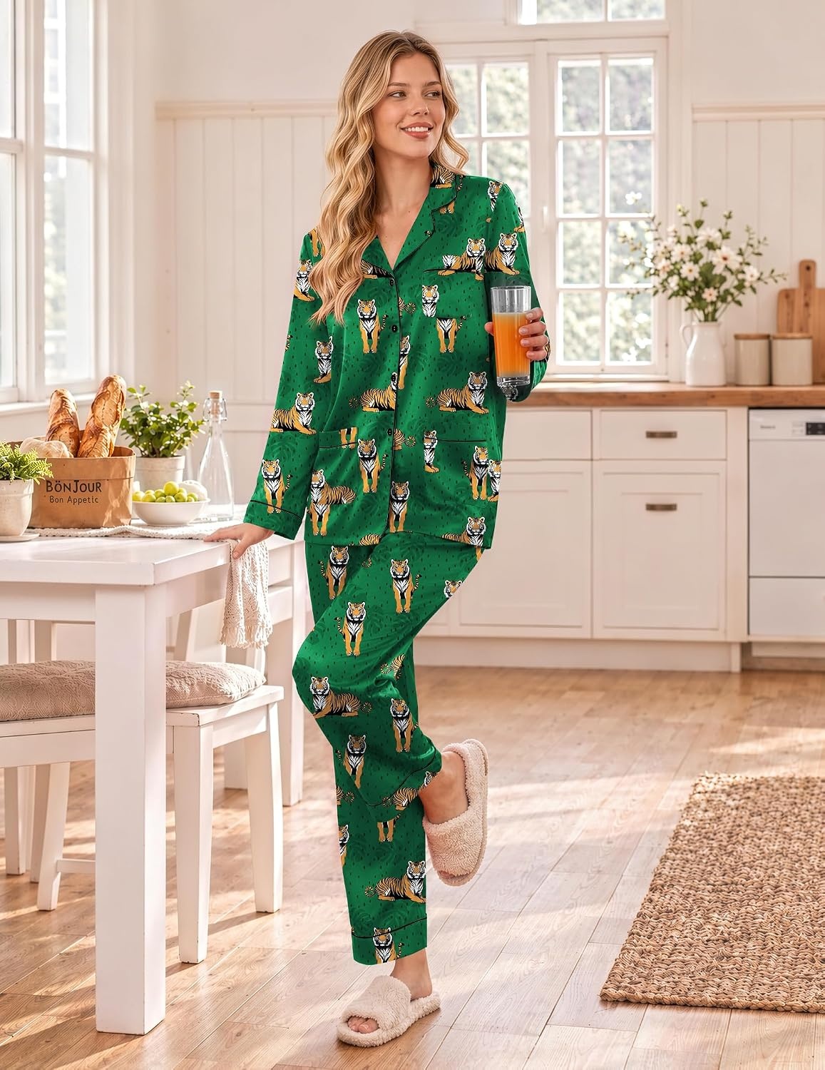 image:imageEkouaer Satin Pajamas for Women Silk Long Sleeve Button Down Soft PjsGreen Pattern