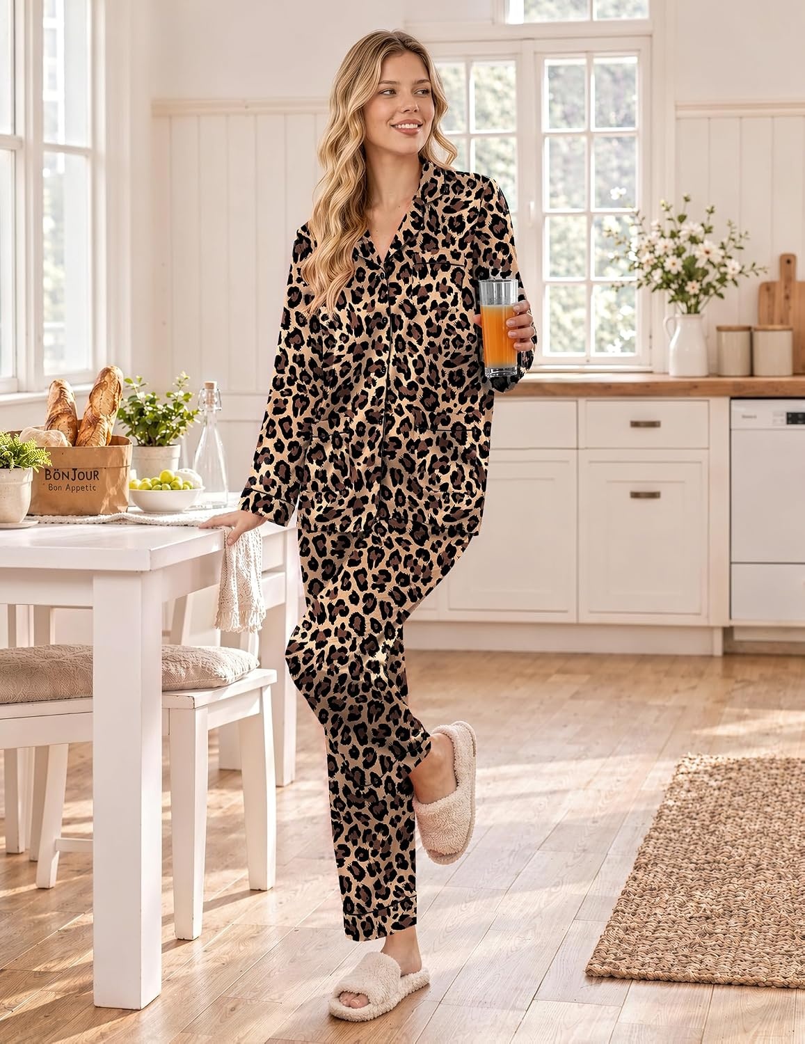 image:imageEkouaer Satin Pajamas for Women Silk Long Sleeve Button Down Soft PjsLeopard