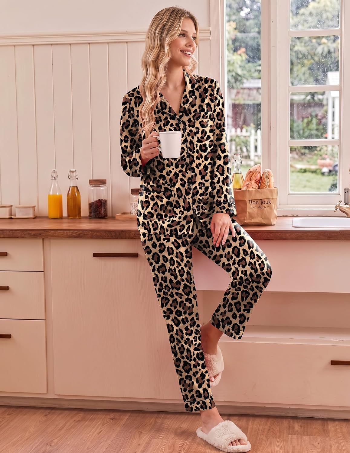 image:imageEkouaer Satin Pajamas for Women Silk Long Sleeve Button Down Soft PjsLeopard