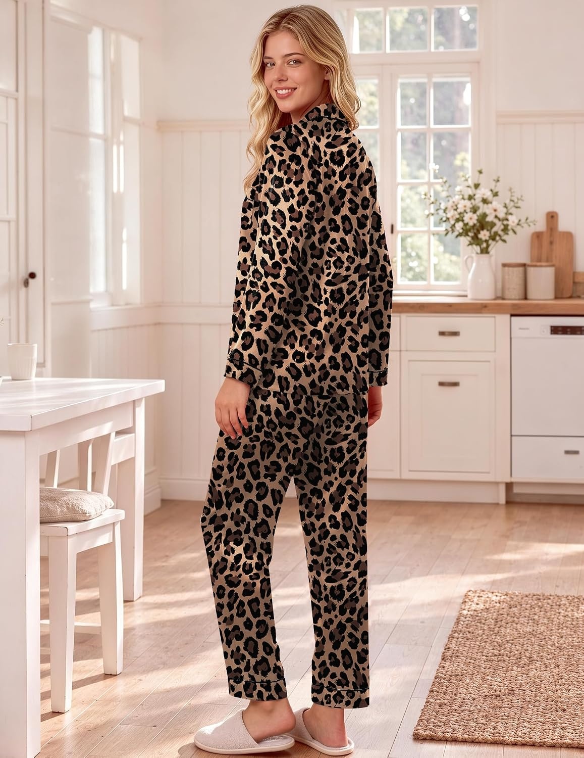 image:imageEkouaer Satin Pajamas for Women Silk Long Sleeve Button Down Soft PjsLeopard