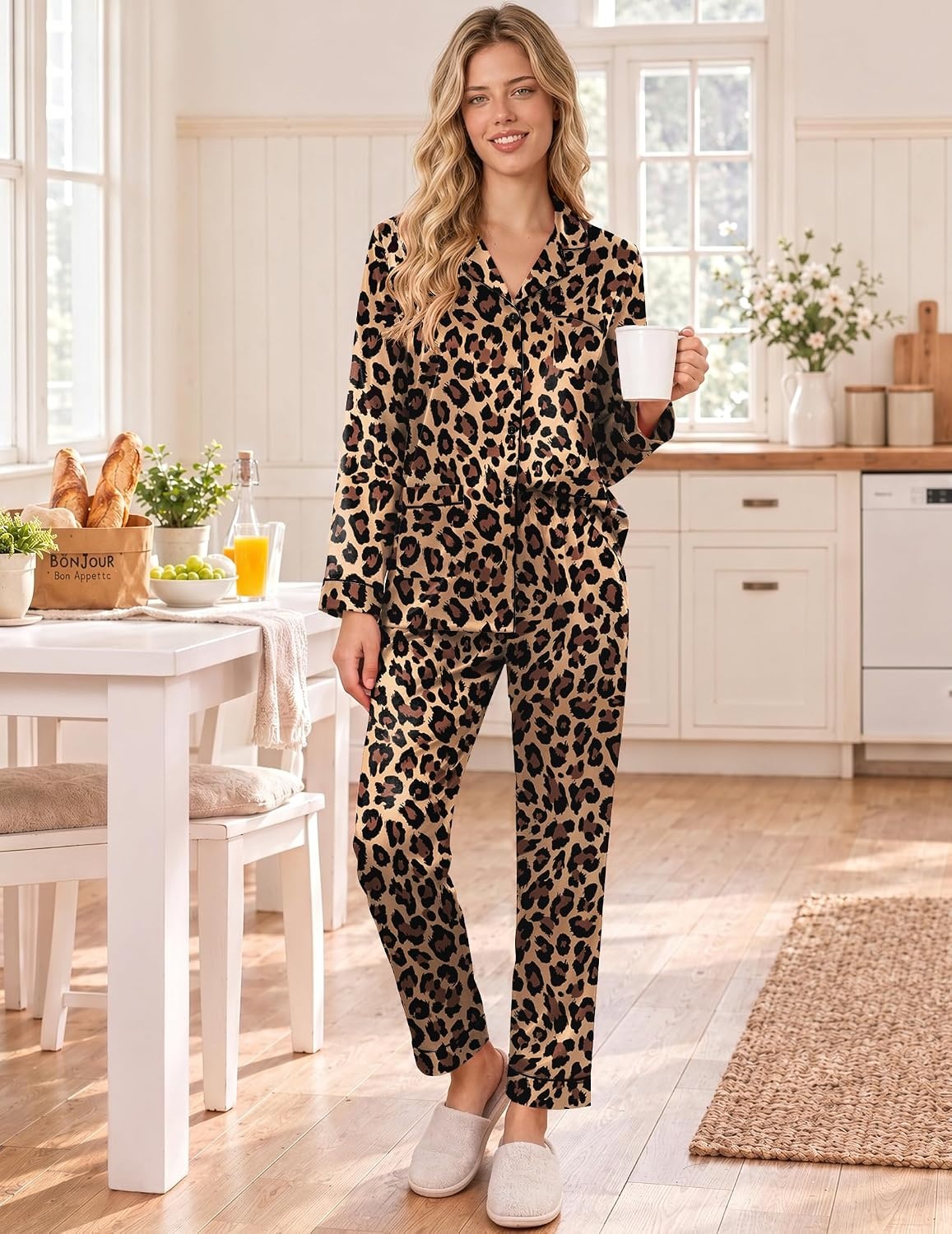 image:imageEkouaer Satin Pajamas for Women Silk Long Sleeve Button Down Soft PjsLeopard