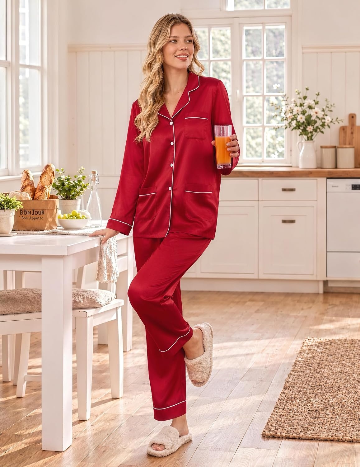 image:imageEkouaer Satin Pajamas for Women Silk Long Sleeve Button Down Soft PjsRed