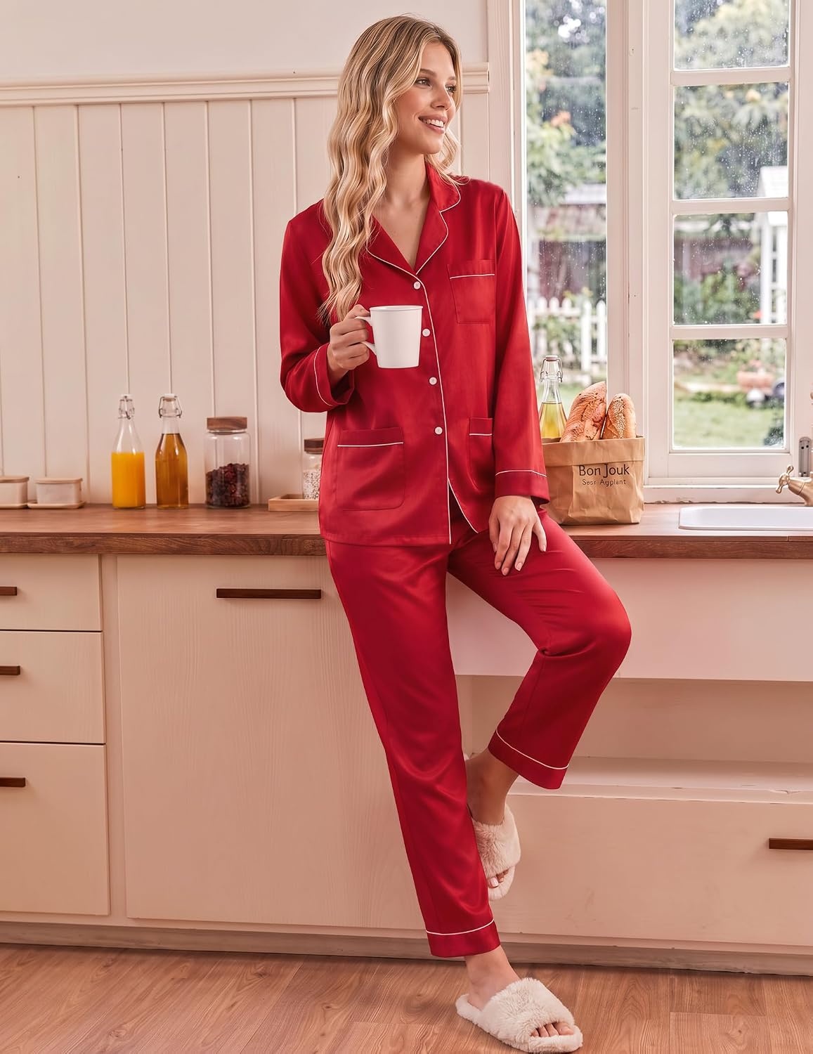 image:imageEkouaer Satin Pajamas for Women Silk Long Sleeve Button Down Soft PjsRed