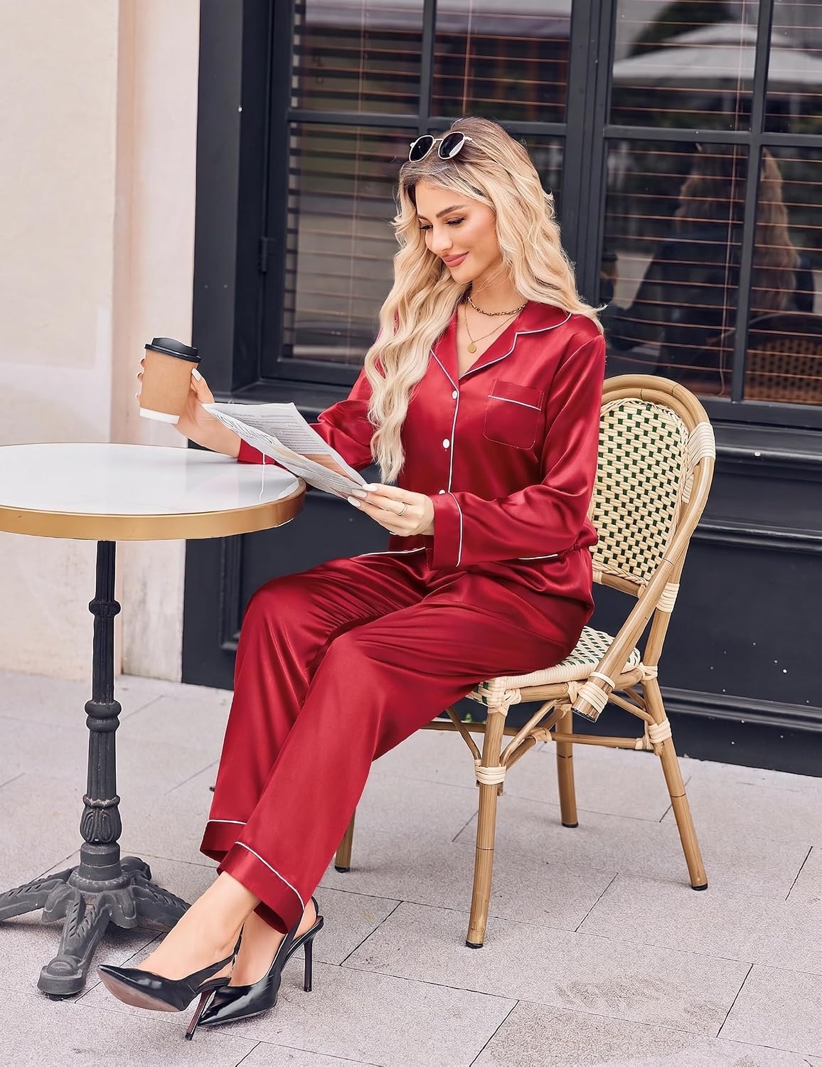 image:imageEkouaer Satin Pajamas for Women Silk Long Sleeve Button Down Soft PjsRed