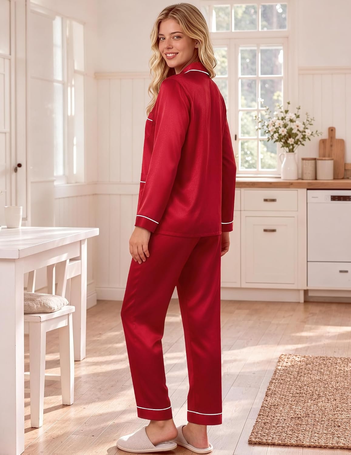image:imageEkouaer Satin Pajamas for Women Silk Long Sleeve Button Down Soft PjsRed