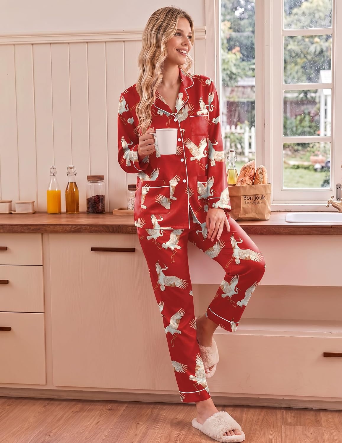 image:imageEkouaer Satin Pajamas for Women Silk Long Sleeve Button Down Soft PjsRed Animal Pattern