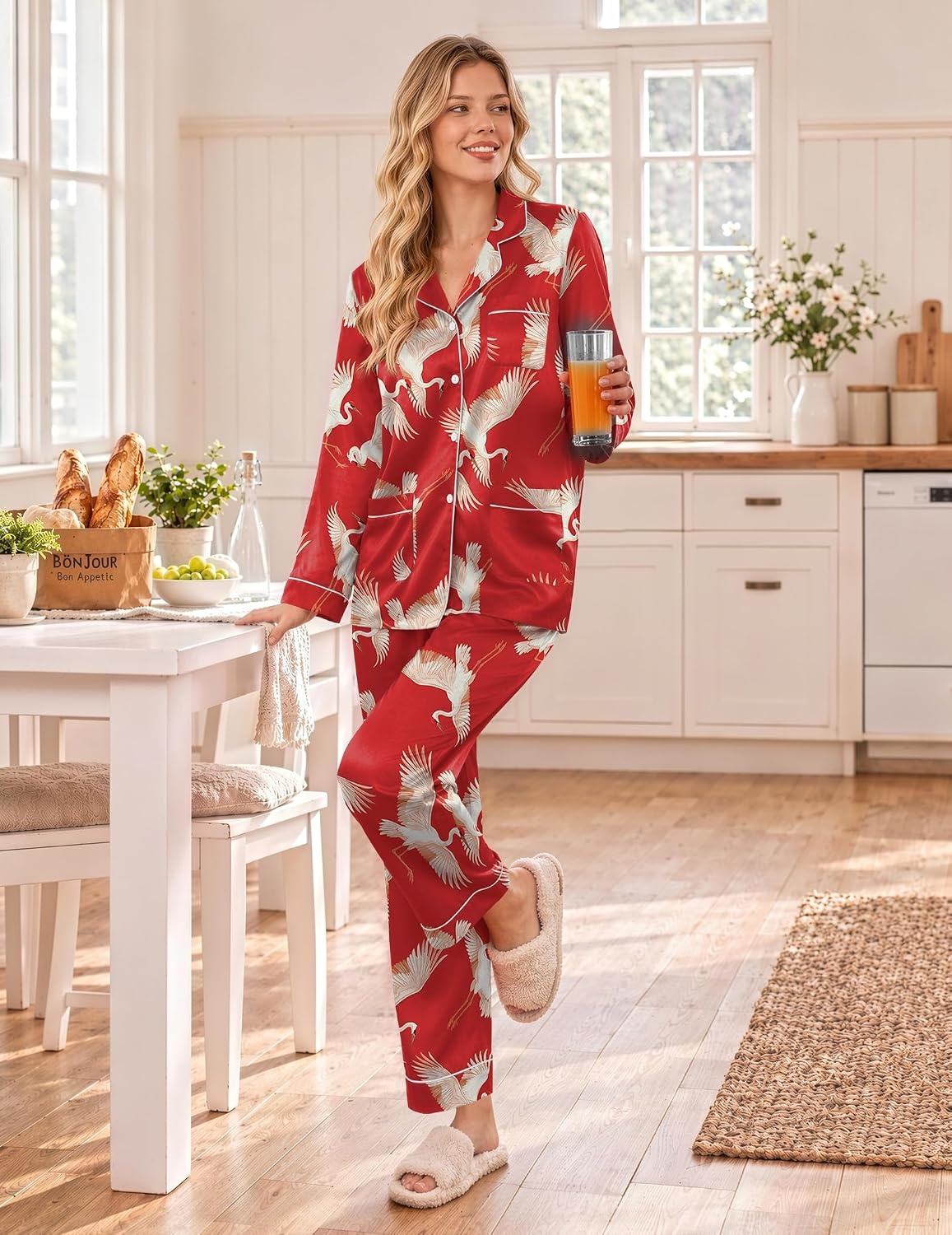 image:imageEkouaer Satin Pajamas for Women Silk Long Sleeve Button Down Soft PjsRed Animal Pattern