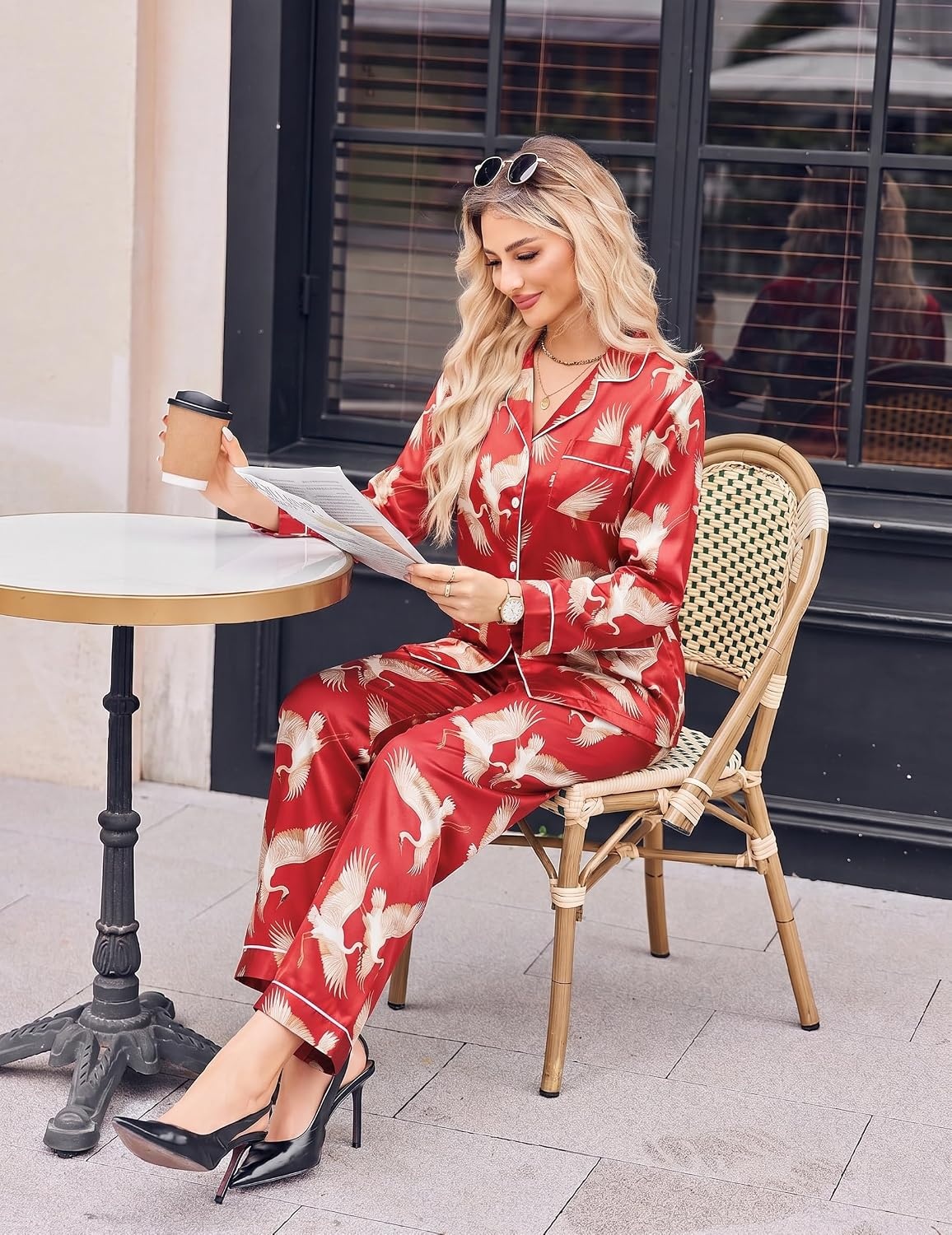 image:imageEkouaer Satin Pajamas for Women Silk Long Sleeve Button Down Soft PjsRed Animal Pattern