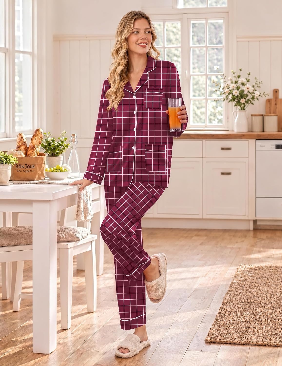 image:imageEkouaer Satin Pajamas for Women Silk Long Sleeve Button Down Soft PjsRed White Checked