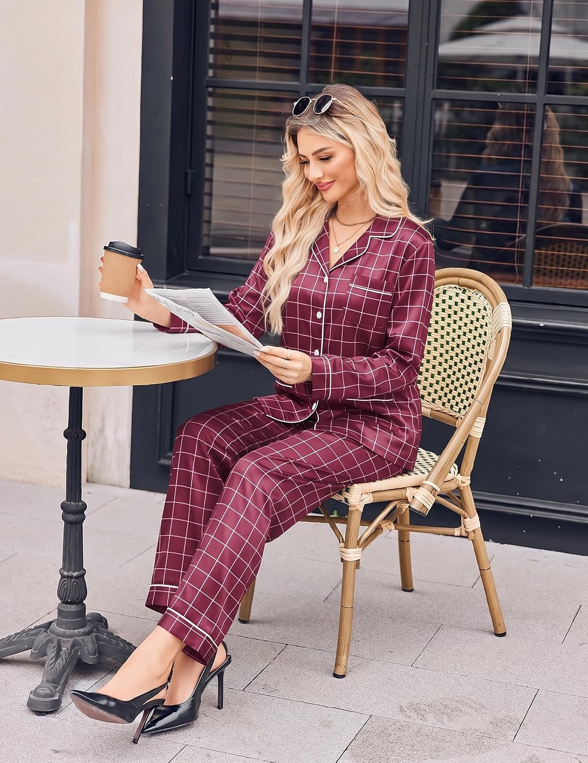 image:imageEkouaer Satin Pajamas for Women Silk Long Sleeve Button Down Soft PjsRed White Checked