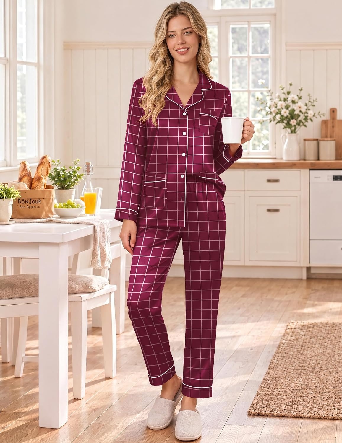 image:imageEkouaer Satin Pajamas for Women Silk Long Sleeve Button Down Soft PjsRed White Checked