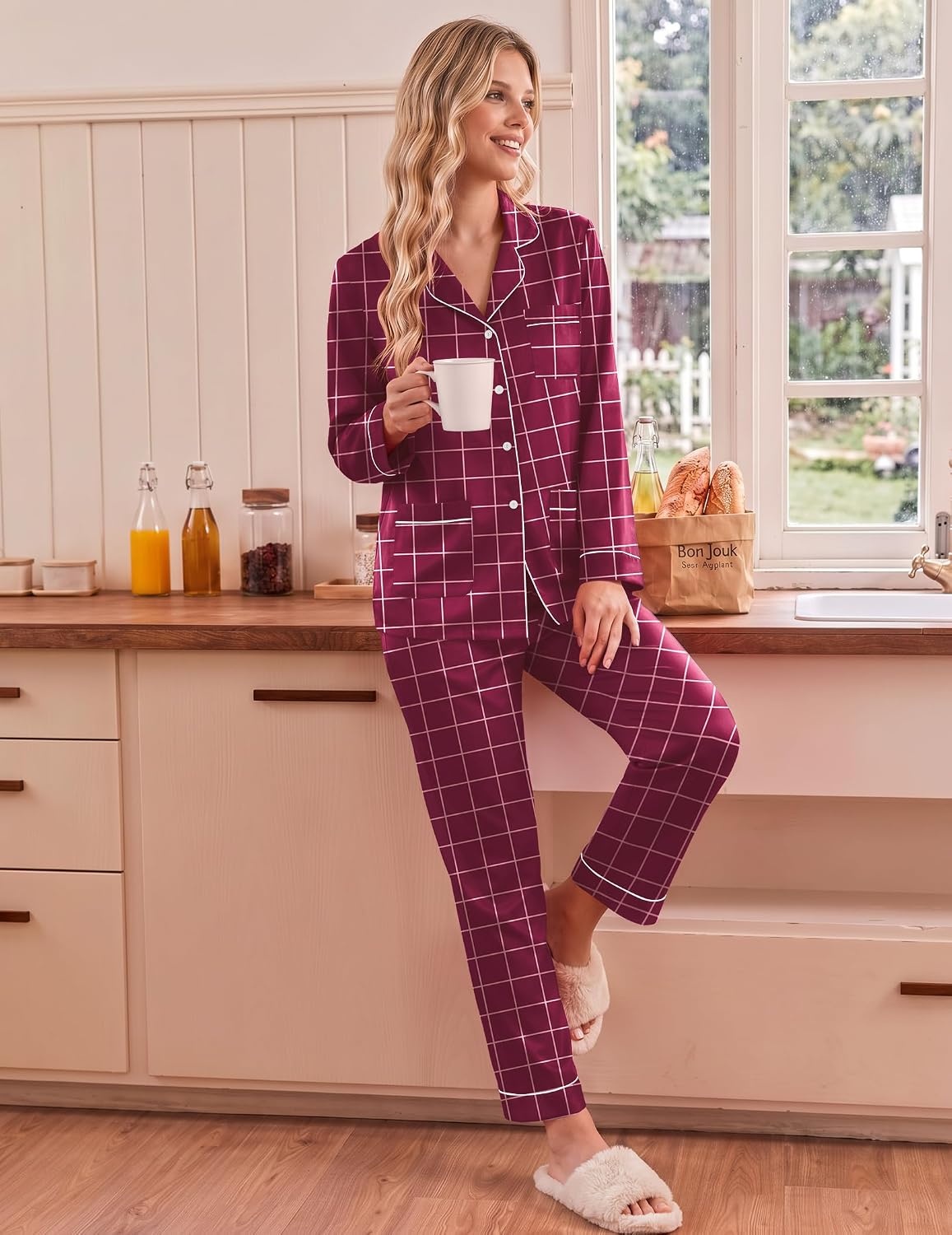 image:imageEkouaer Satin Pajamas for Women Silk Long Sleeve Button Down Soft PjsRed White Checked