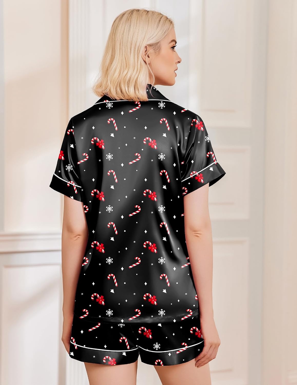 image:imageEkouaer Womens Christmas Pajamas Silk Satin Sleepwear Holiday Matching PjsChristmas Black Candy
