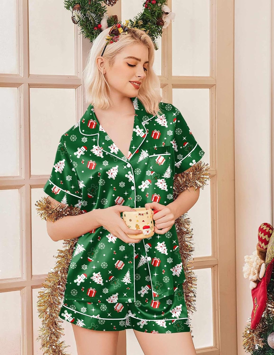 image:imageEkouaer Womens Christmas Pajamas Silk Satin Sleepwear Holiday Matching PjsChristmas Green