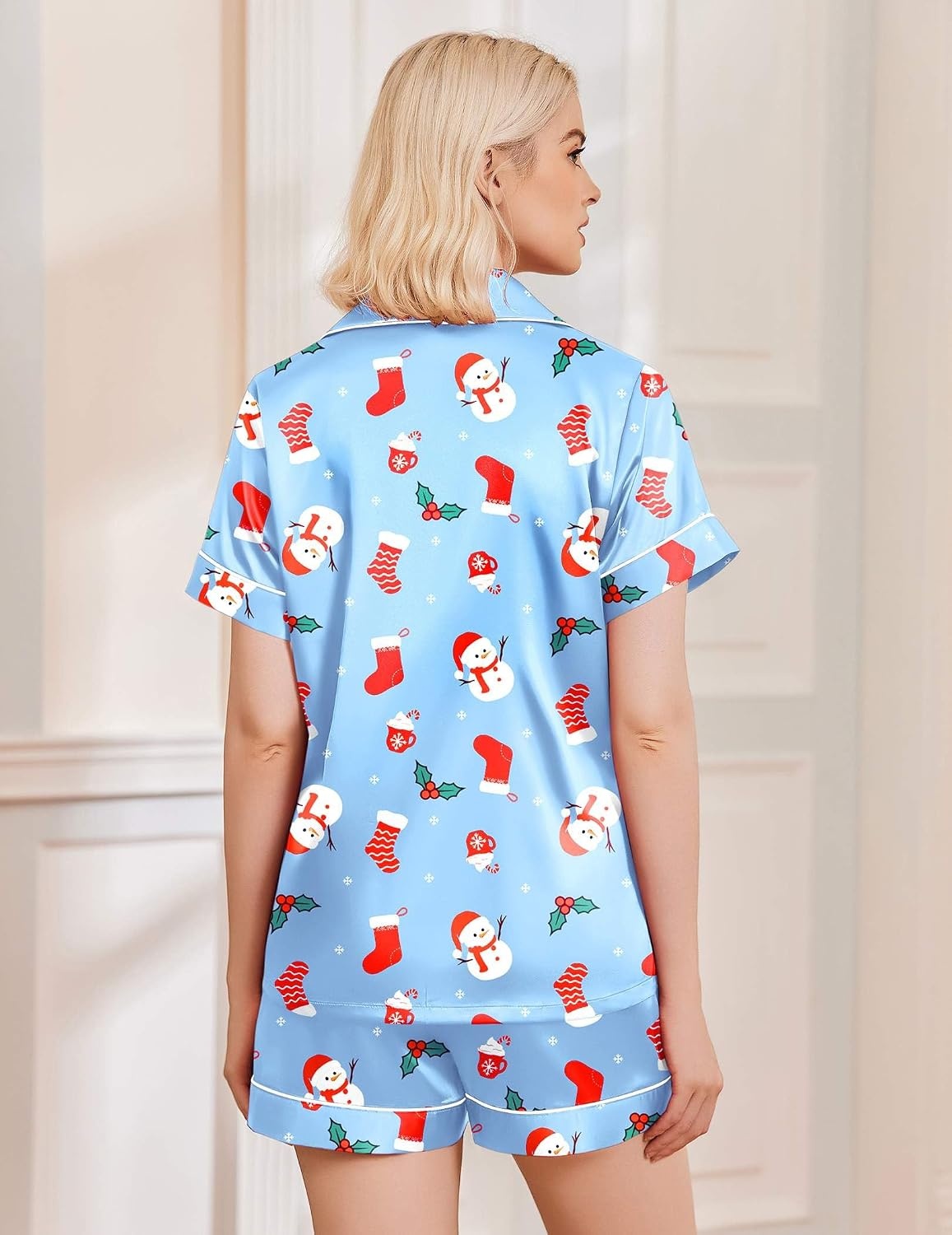 image:imageEkouaer Womens Christmas Pajamas Silk Satin Sleepwear Holiday Matching PjsChristmas Light Blue