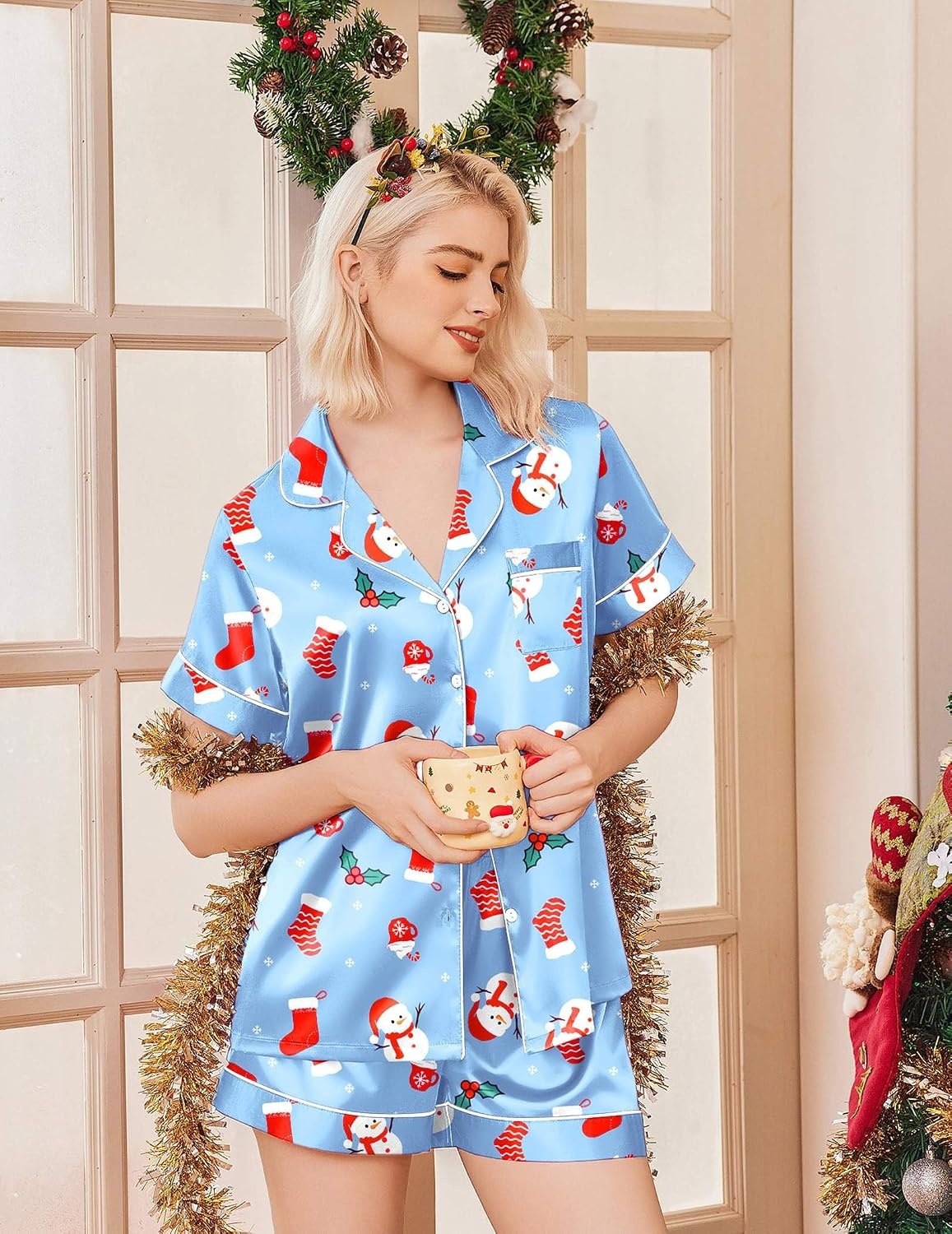 image:imageEkouaer Womens Christmas Pajamas Silk Satin Sleepwear Holiday Matching PjsChristmas Light Blue