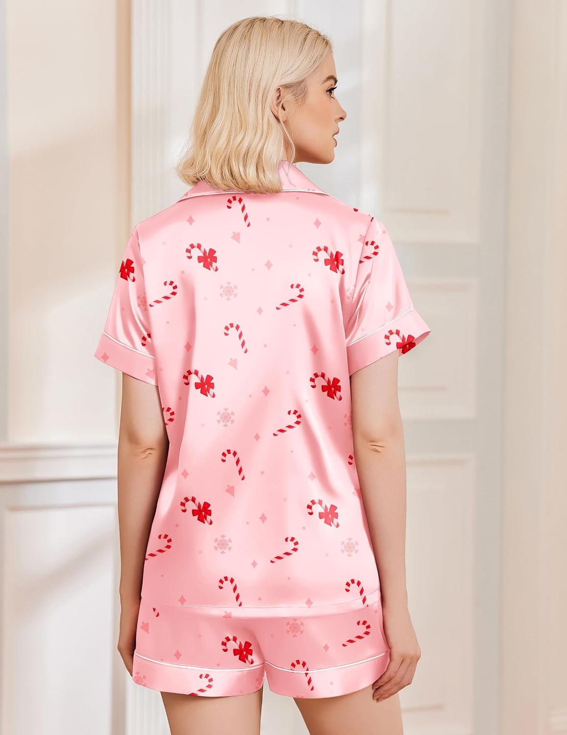 image:imageEkouaer Womens Christmas Pajamas Silk Satin Sleepwear Holiday Matching PjsChristmas Pink Candy