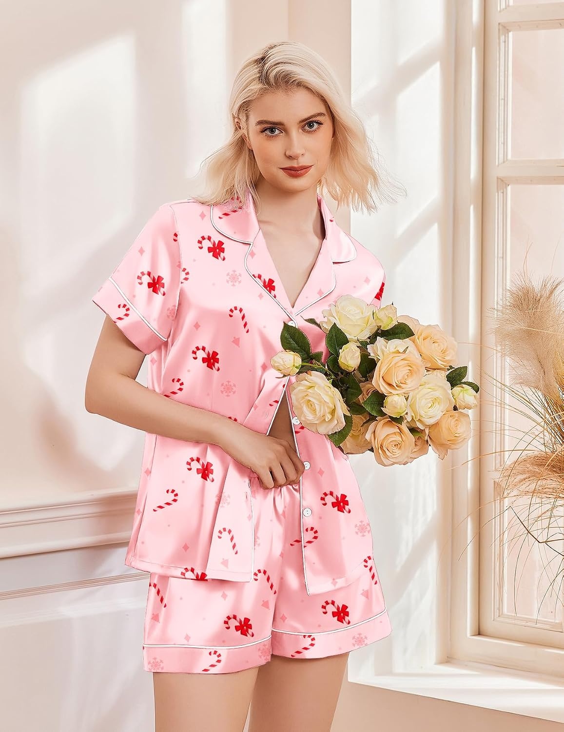 image:imageEkouaer Womens Christmas Pajamas Silk Satin Sleepwear Holiday Matching PjsChristmas Pink Candy