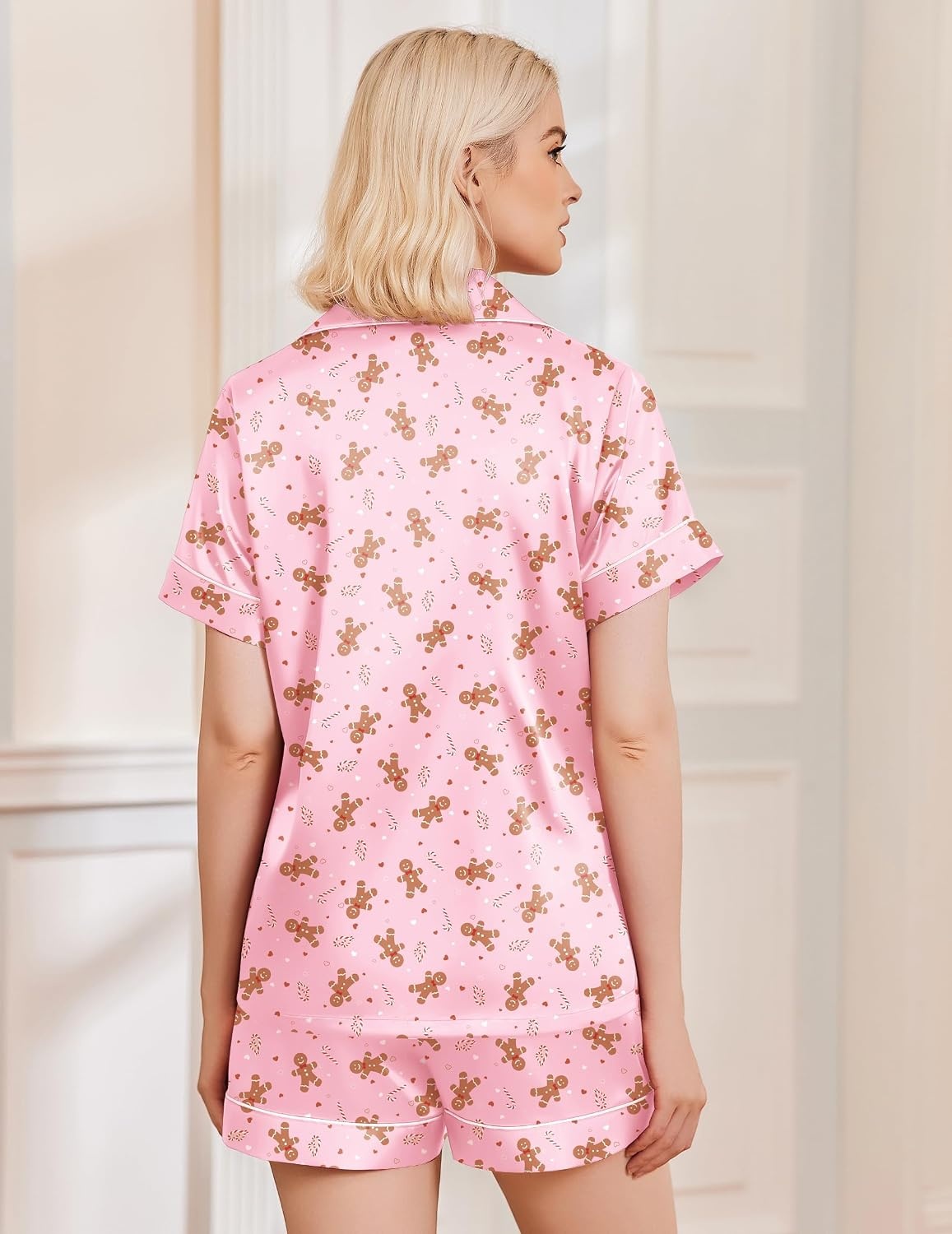 image:imageEkouaer Womens Christmas Pajamas Silk Satin Sleepwear Holiday Matching PjsChristmas Pink Gingerbread Man