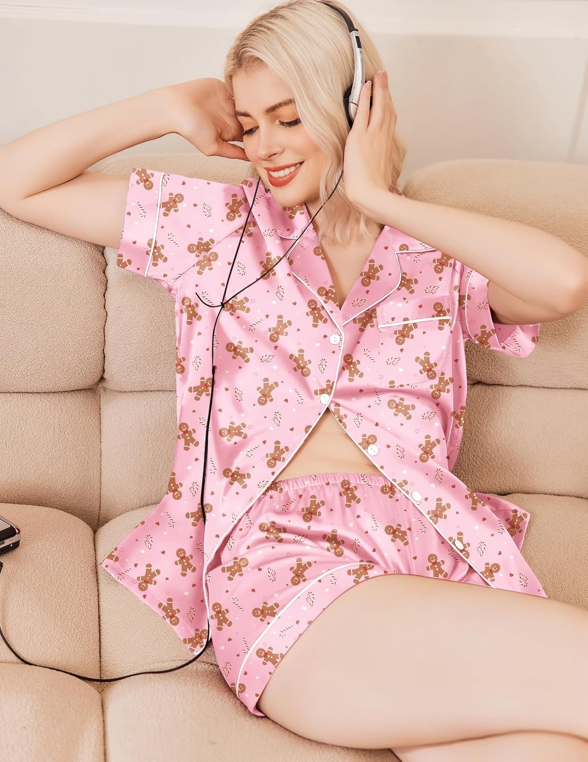 image:imageEkouaer Womens Christmas Pajamas Silk Satin Sleepwear Holiday Matching PjsChristmas Pink Gingerbread Man