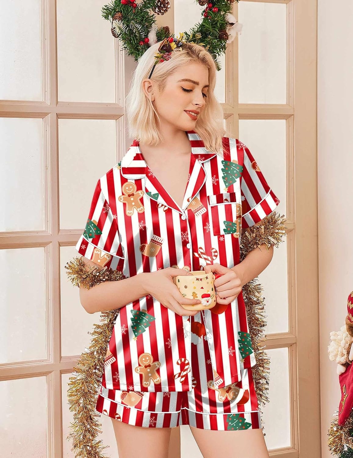 image:imageEkouaer Womens Christmas Pajamas Silk Satin Sleepwear Holiday Matching PjsChristmas Red Striped
