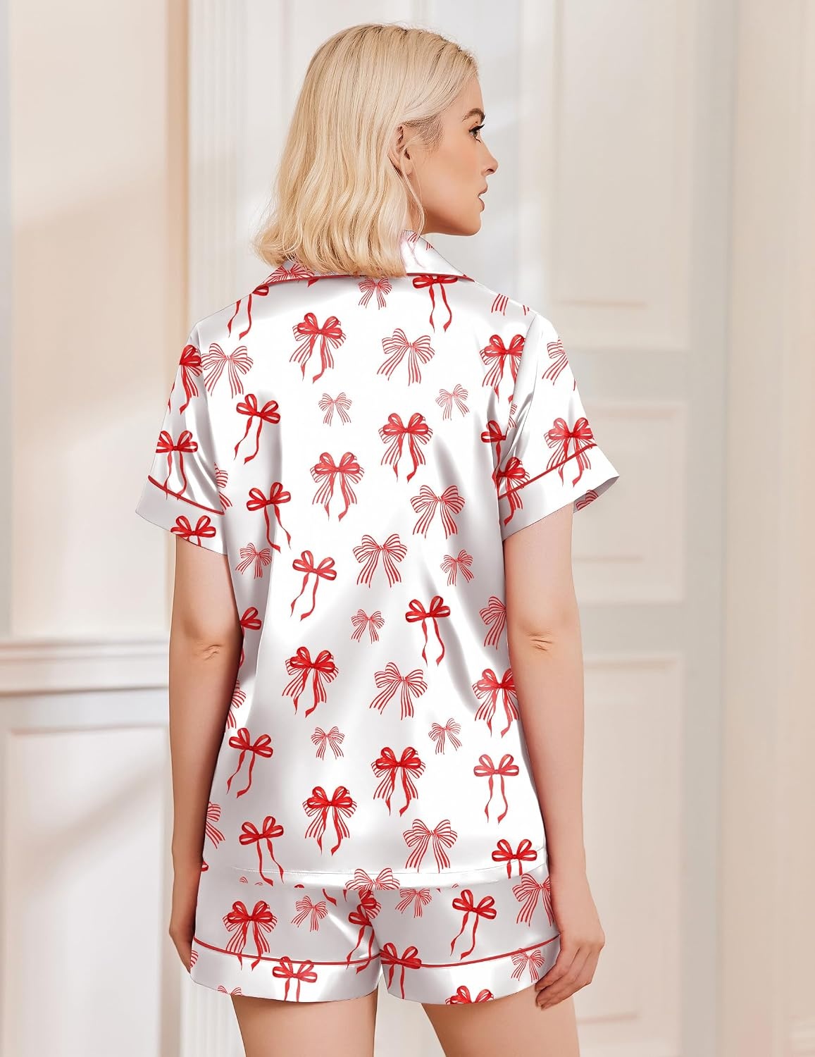 image:imageEkouaer Womens Christmas Pajamas Silk Satin Sleepwear Holiday Matching PjsWhite Red Bow Knot