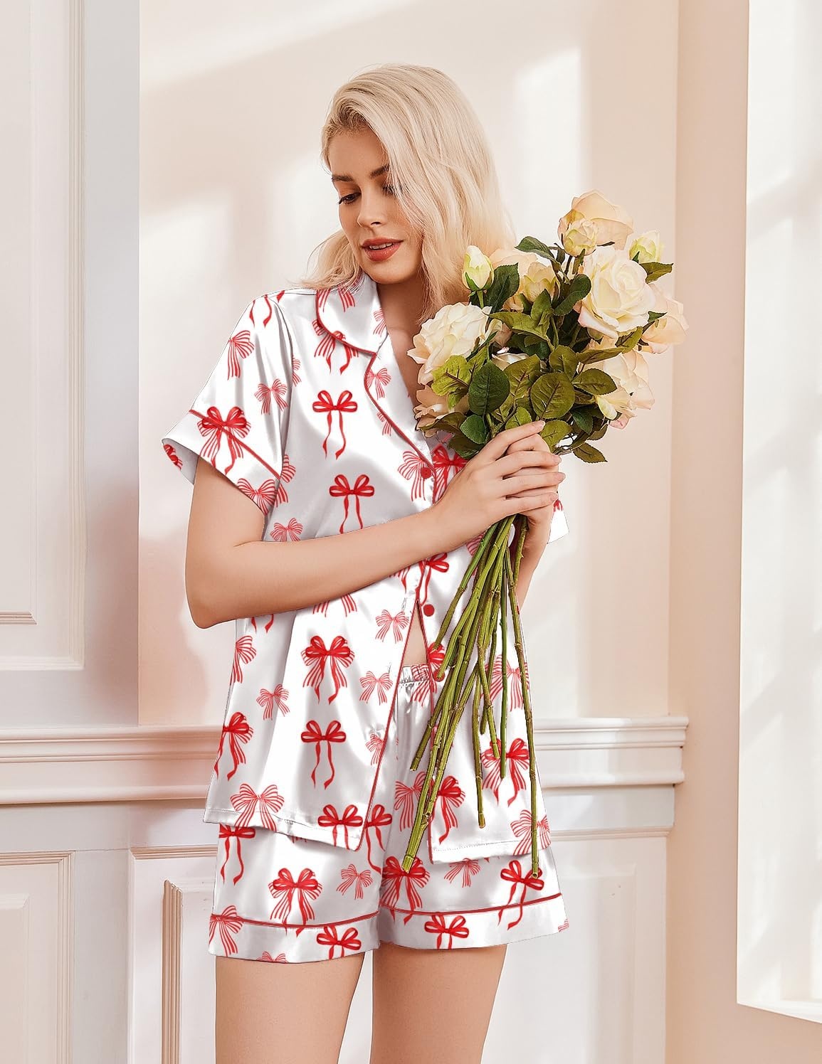 image:imageEkouaer Womens Christmas Pajamas Silk Satin Sleepwear Holiday Matching PjsWhite Red Bow Knot