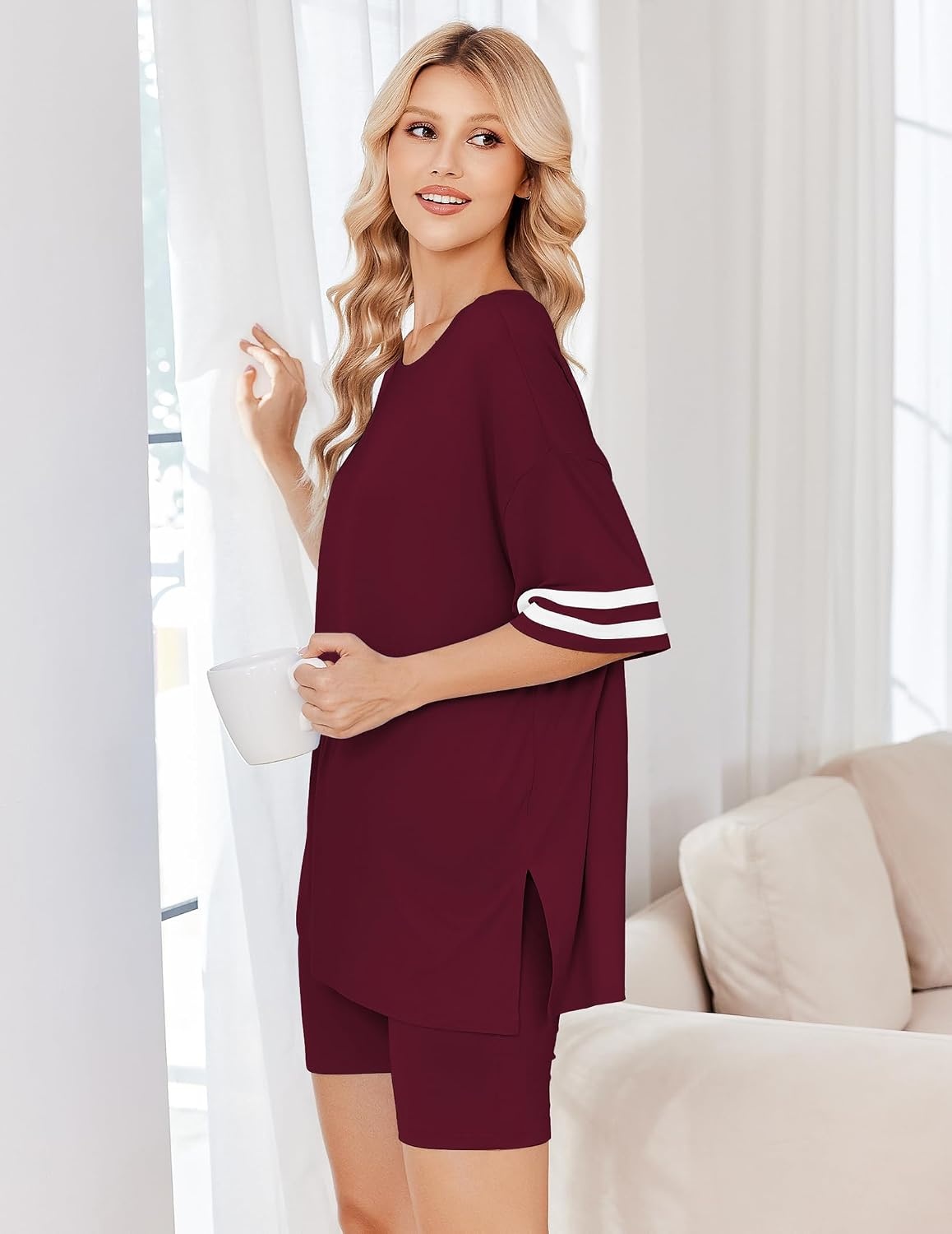 image:imageEkouaer Womens Pajamas Casual 2 Piece Short Sleeve Biker Shorts Lounge SetWine