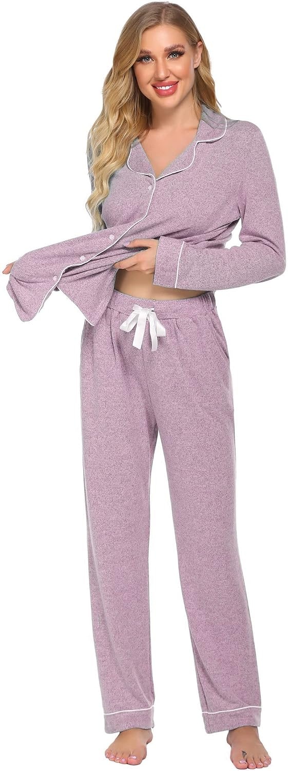 image:imageEkouaer Womens Pajamas Long Sleeve Loungewear Casual Button Down Pjs Pink