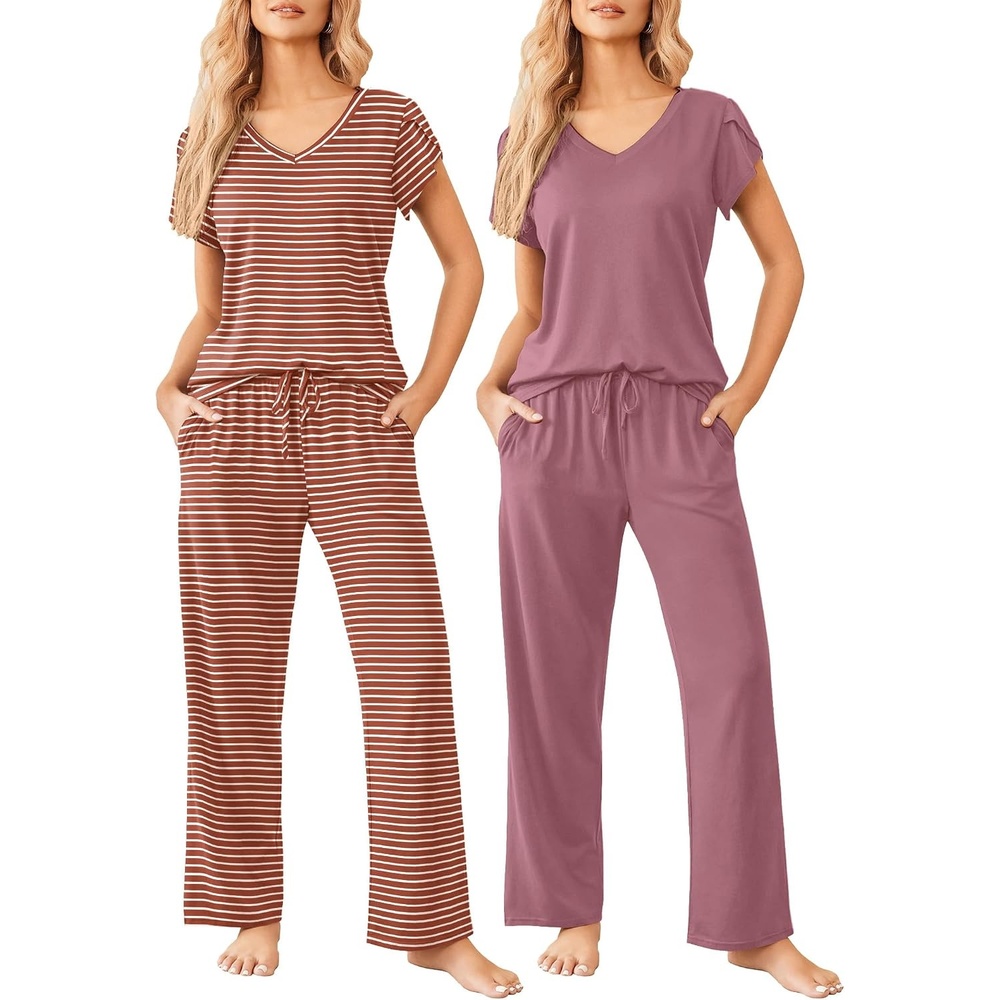 image:imageEkouaer 2 Pack Womens Pajama Set Short Sleeve Sleepwear Soft Pjs Lounge SetBrown StripedDusty Rose