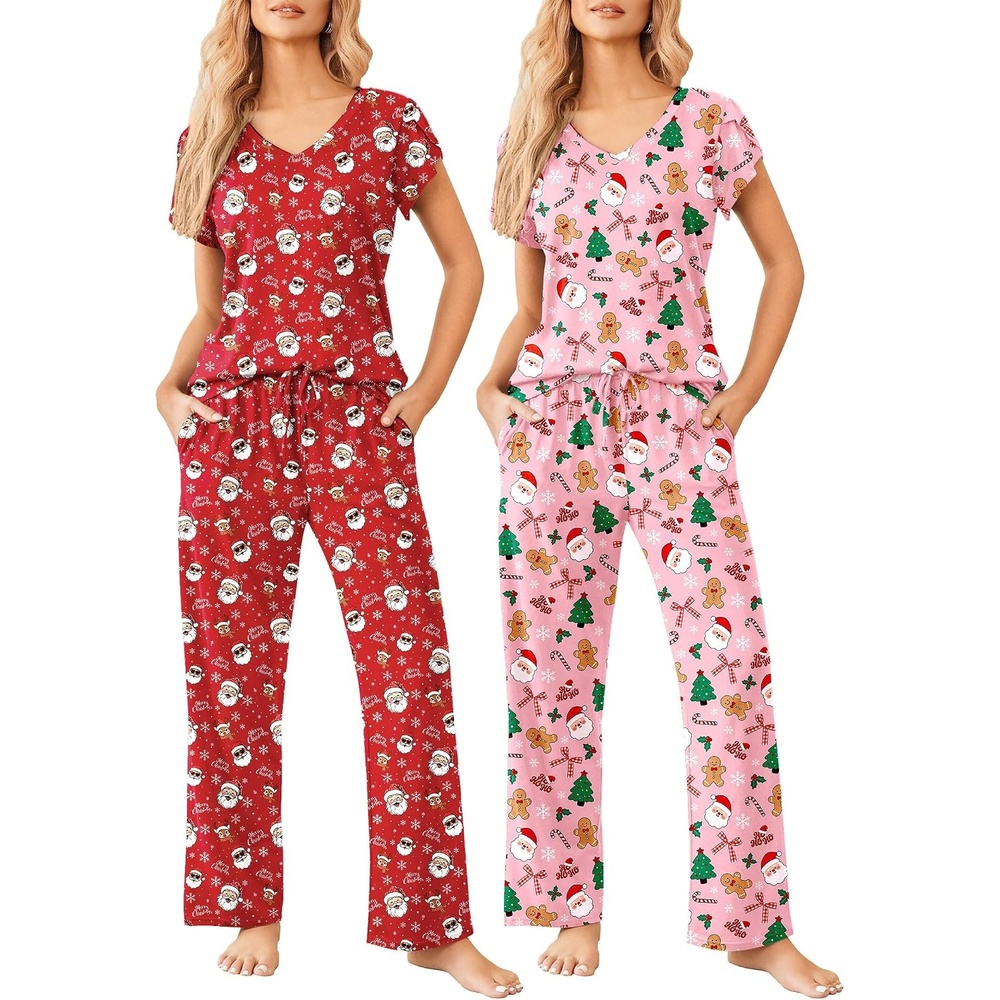 image:imageEkouaer 2 Pack Womens Pajama Set Short Sleeve Sleepwear Soft Pjs Lounge SetChristmas RedChristmas Pink