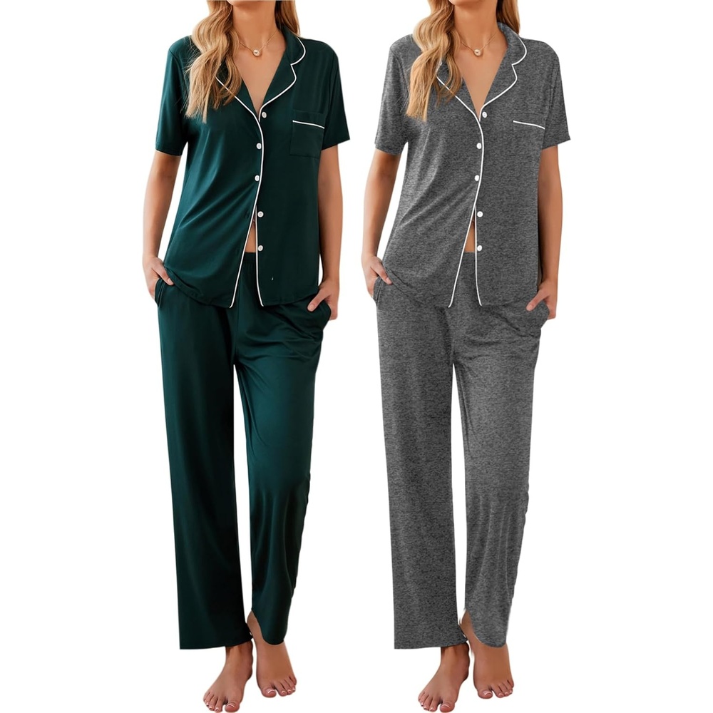 image:imageEkouaer 2 Pack Womens Pajamas Sets Short Sleeve Pjs Button Up Sleepwear SetDark Greydark Green