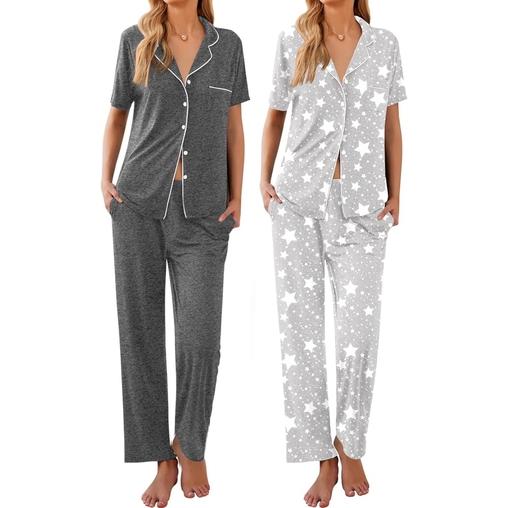 image:imageEkouaer 2 Pack Womens Pajamas Sets Short Sleeve Pjs Button Up Sleepwear SetMedium Graystars