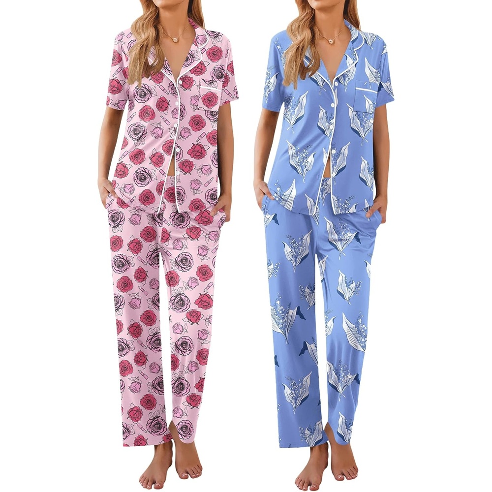 image:imageEkouaer 2 Pack Womens Pajamas Sets Short Sleeve Pjs Button Up Sleepwear SetRose and Flower