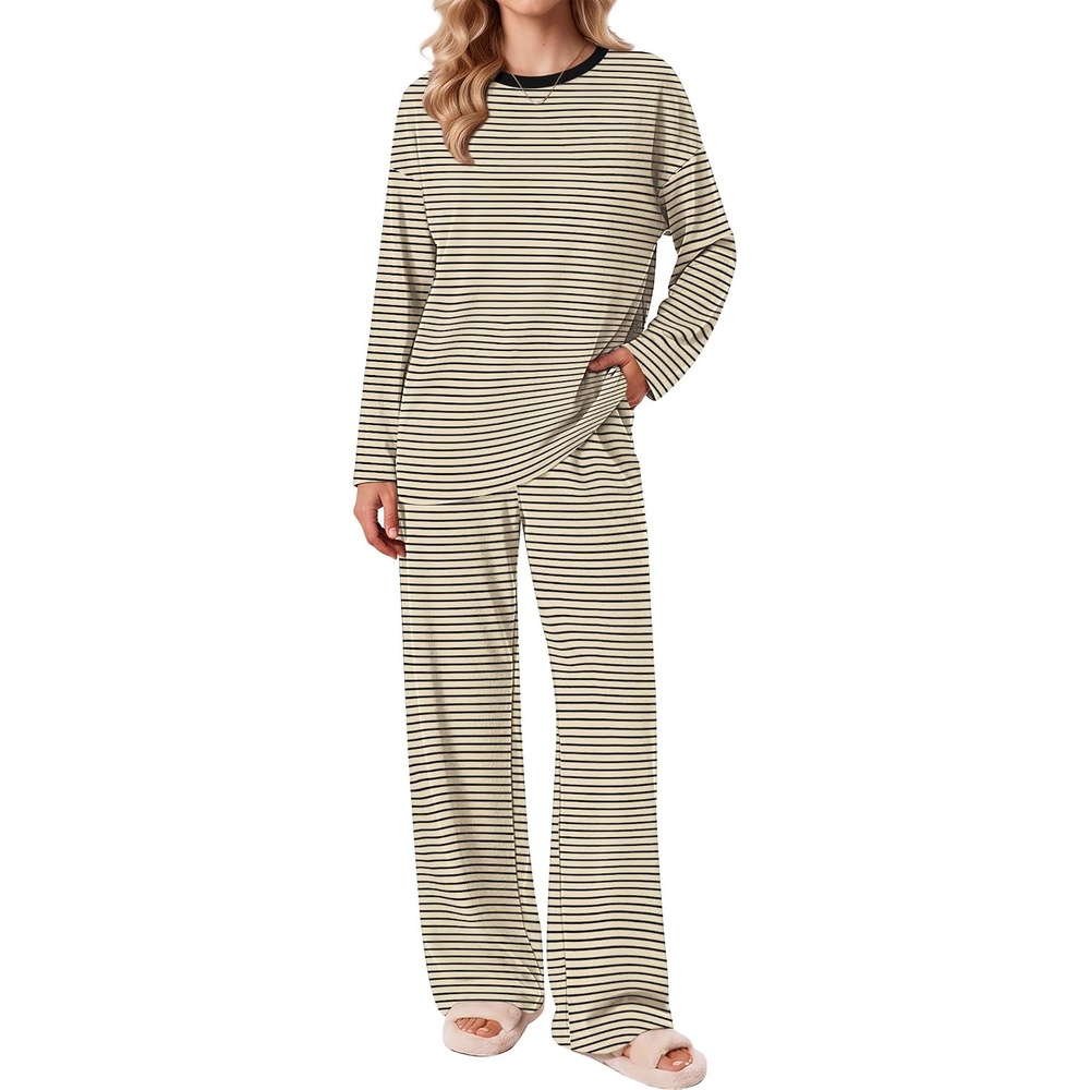 image:imageEkouaer 2 Piece Lounge Sets for Women Long Sleeve Matching Pajama SetKhaki Stripes