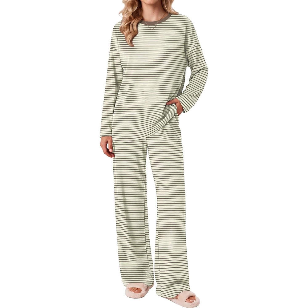 image:imageEkouaer 2 Piece Lounge Sets for Women Long Sleeve Matching Pajama SetLight Green Stripes
