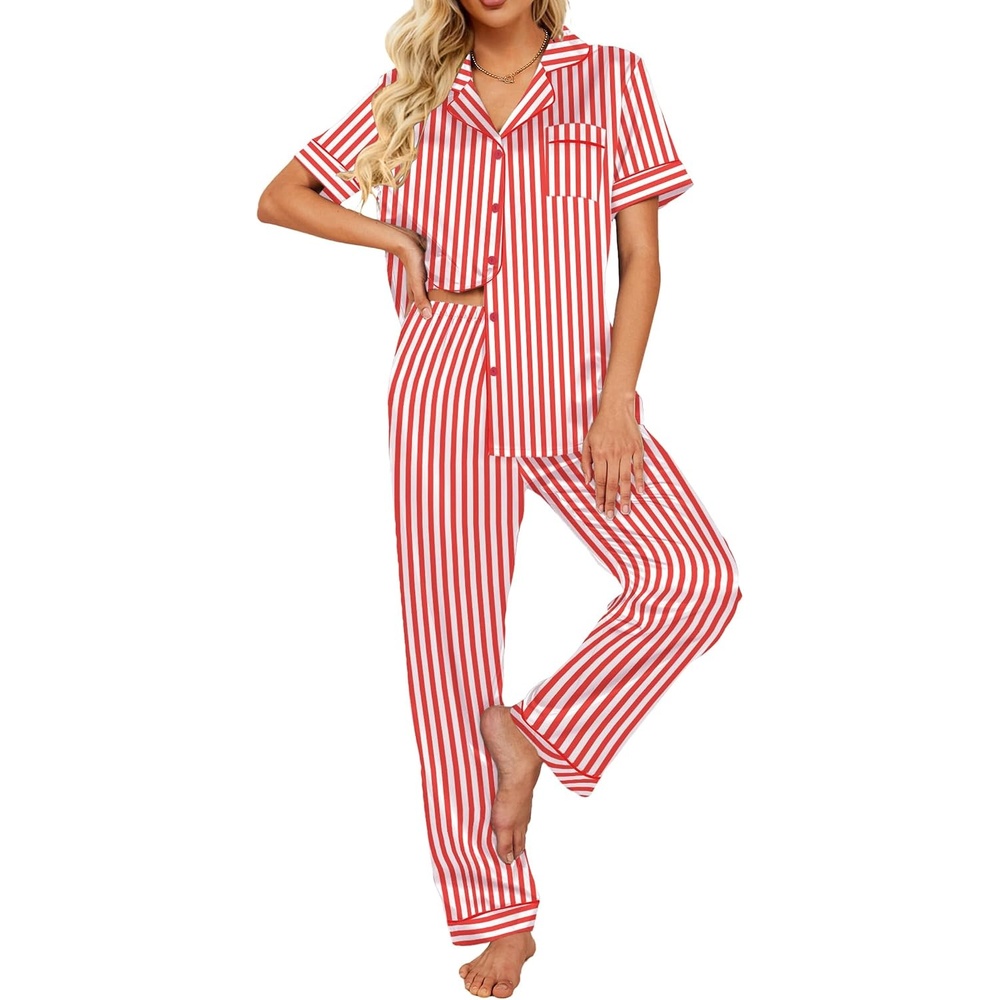 image:imageEkouaer 2 Piece Satin Short Sleeve Pajamas Set Button Down SleepwearBlue Rugby
