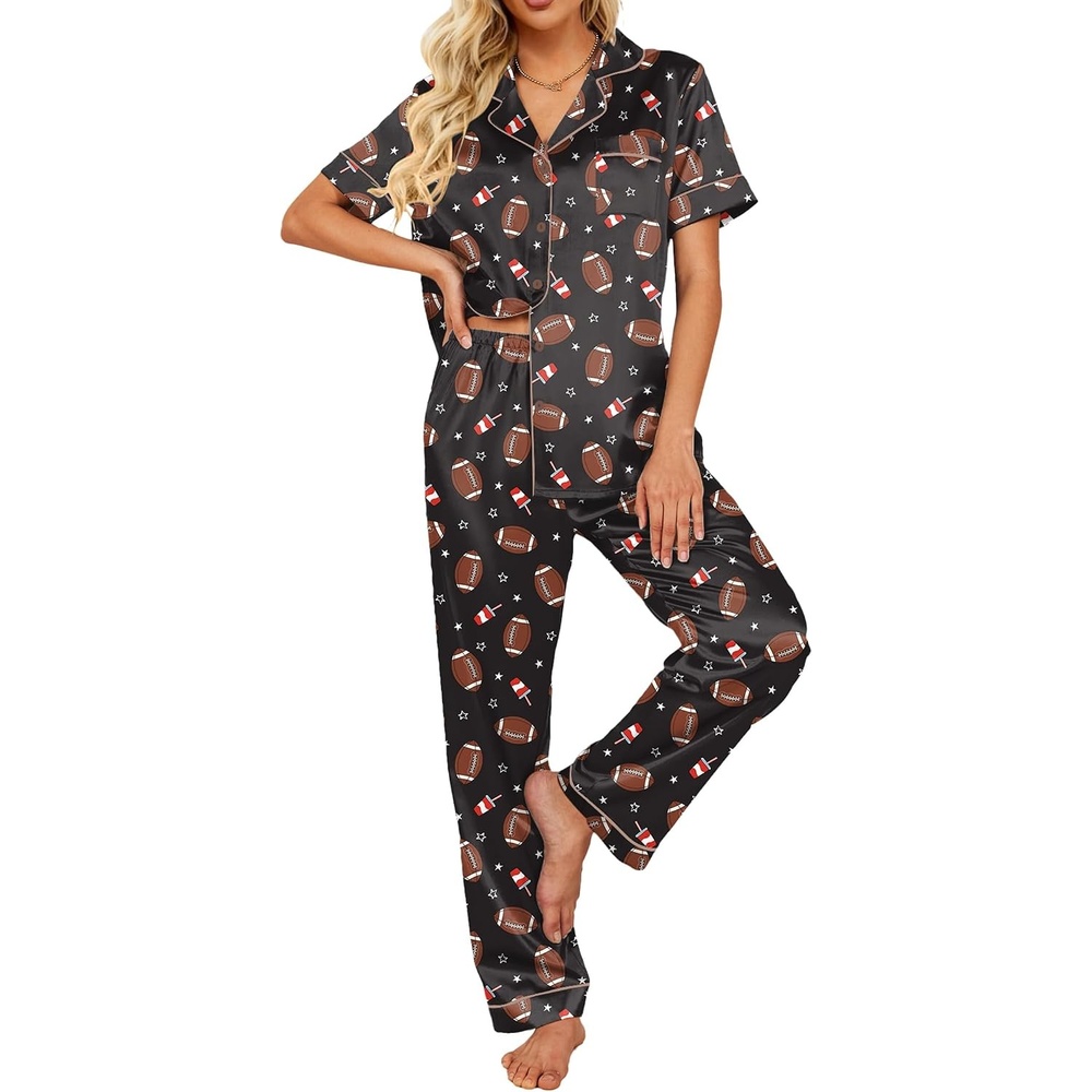 image:imageEkouaer 2 Piece Satin Short Sleeve Pajamas Set Button Down SleepwearRed Striped