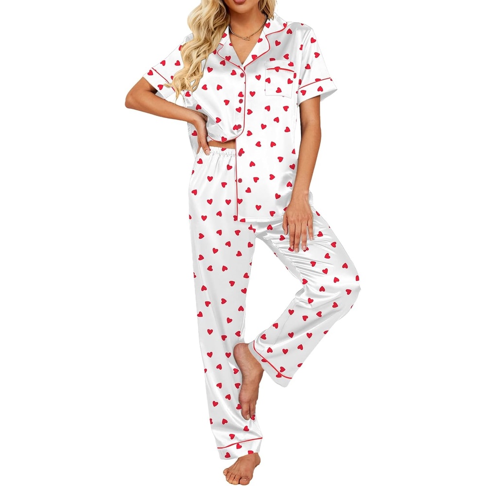 image:imageEkouaer 2 Piece Satin Short Sleeve Pajamas Set Button Down SleepwearWhite Hearts