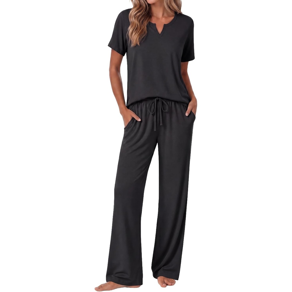 image:imageEkouaer 2 Piece Womens Pajamas Set Short Sleeve Pjs Print Pants Lounge SetBlack