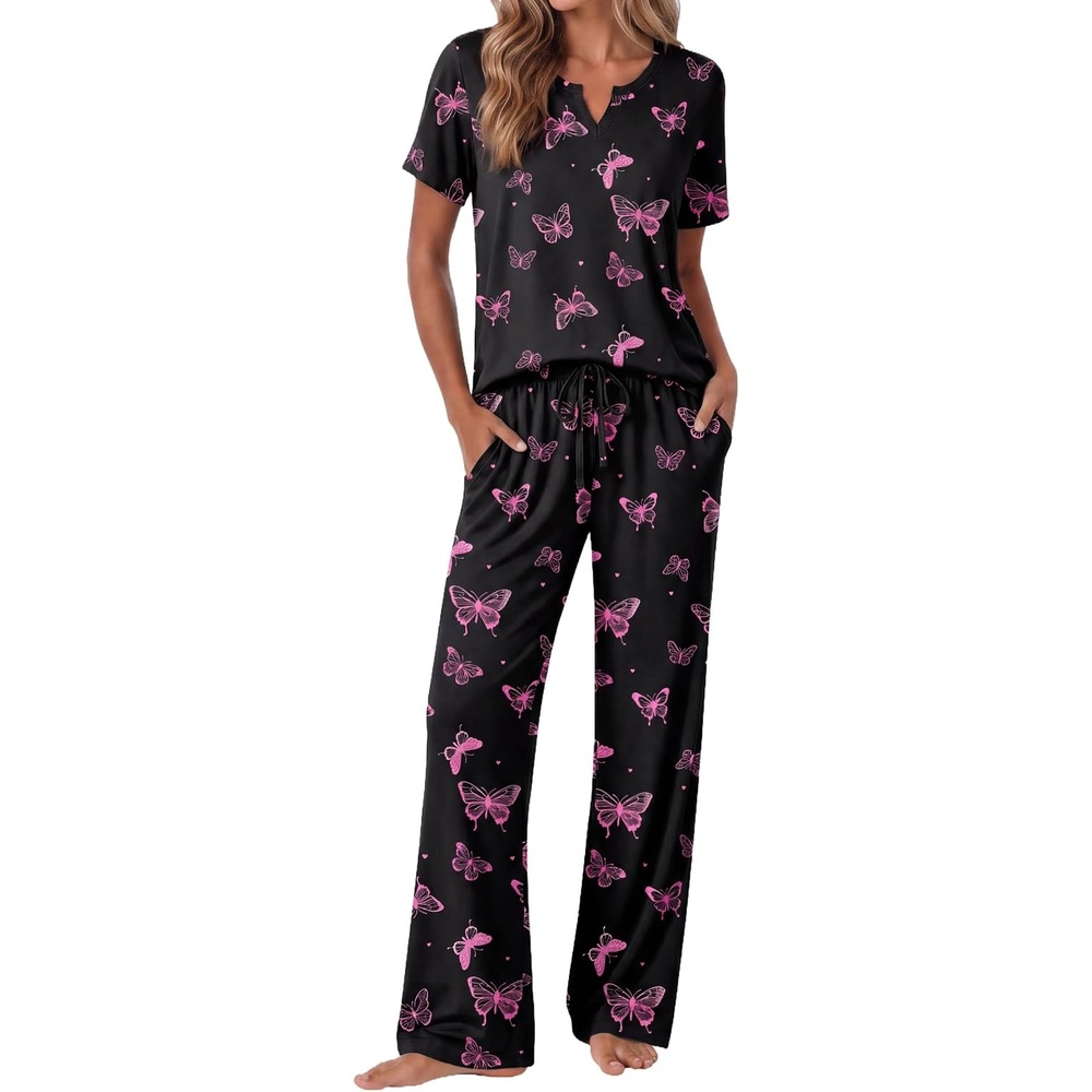 image:imageEkouaer 2 Piece Womens Pajamas Set Short Sleeve Pjs Print Pants Lounge SetBlack Butterfly