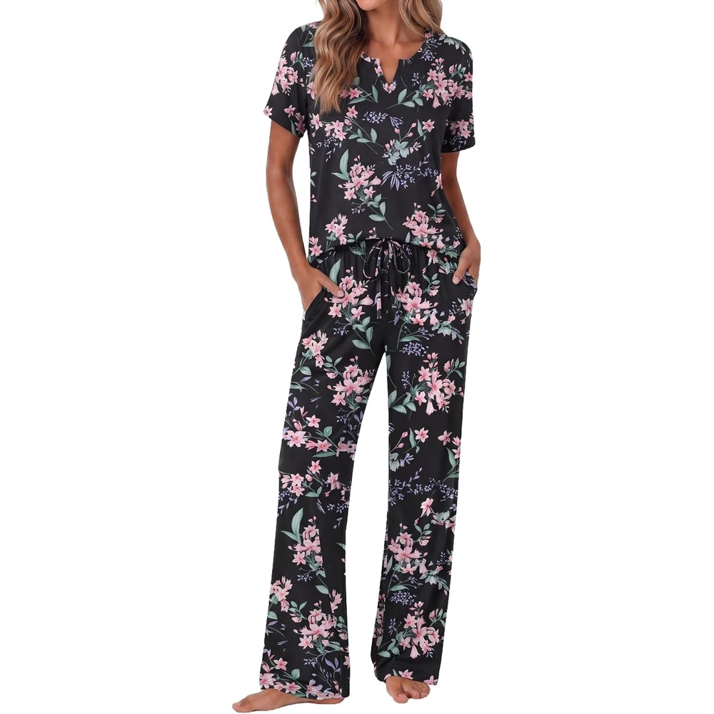 image:imageEkouaer 2 Piece Womens Pajamas Set Short Sleeve Pjs Print Pants Lounge SetFlowers Black