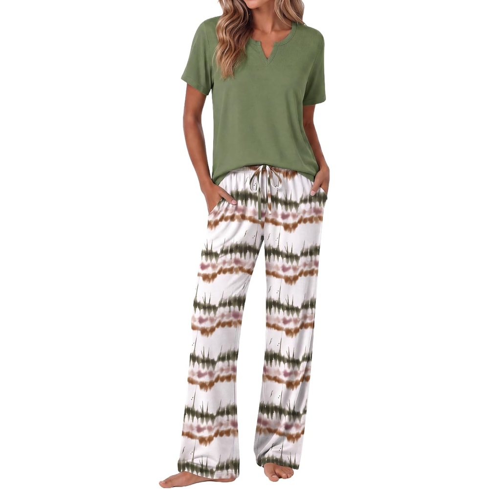 image:imageEkouaer 2 Piece Womens Pajamas Set Short Sleeve Pjs Print Pants Lounge SetGreen Tiedye