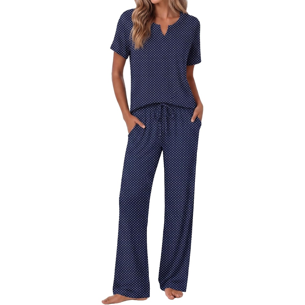 image:imageEkouaer 2 Piece Womens Pajamas Set Short Sleeve Pjs Print Pants Lounge SetNavy Polka Dot