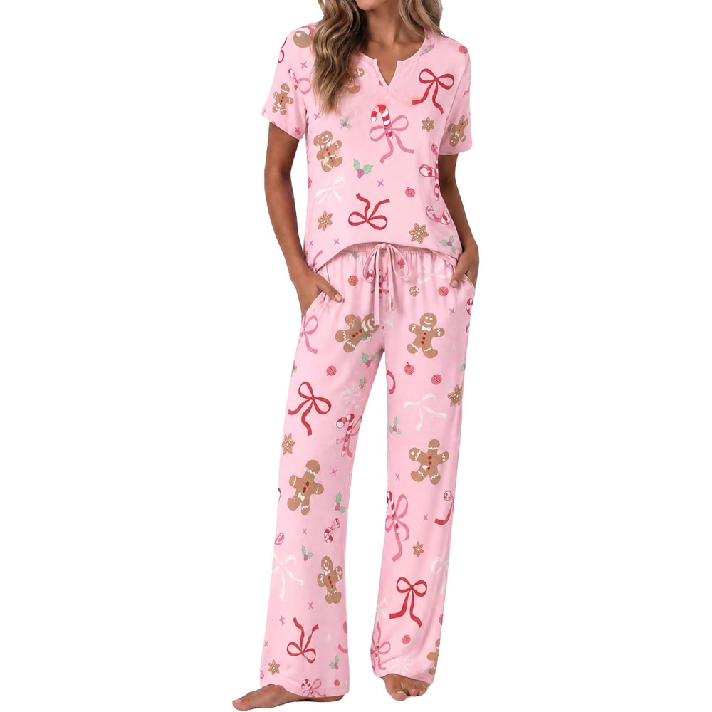 image:imageEkouaer 2 Piece Womens Pajamas Set Short Sleeve Pjs Print Pants Lounge SetPink Gingerbread Man and Bow