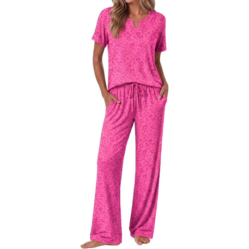 image:imageEkouaer 2 Piece Womens Pajamas Set Short Sleeve Pjs Print Pants Lounge SetPink Leopard